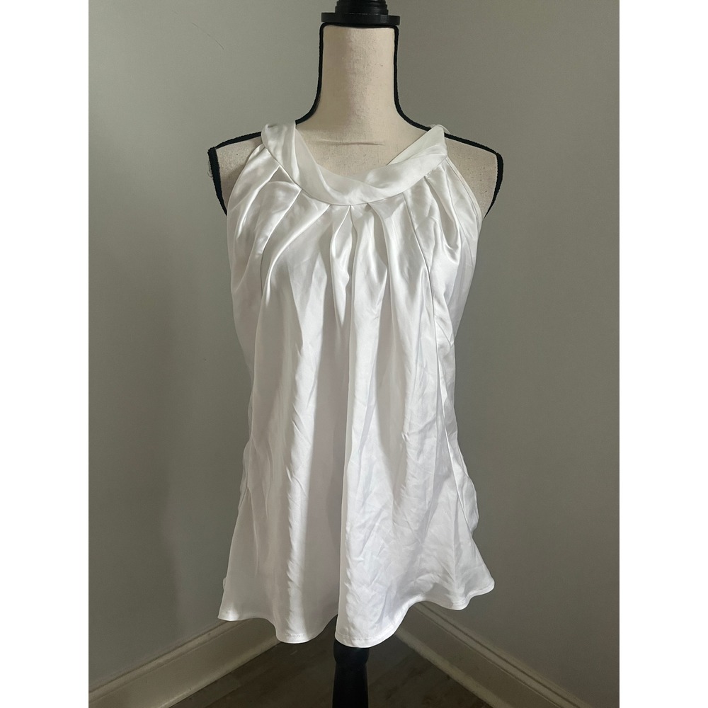 White Satin Pleated Neck Blouse Small Button Accent Office Chic Silky Coquette